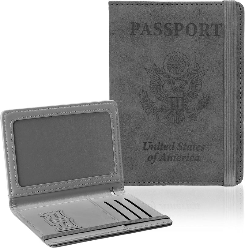 RHOttbiy Passport Holder for Travel, RFID Blocking Passport Cover with Pen Holder Leather Passport Wallet Case Travel Must Haves Accessories Passport Book Card Holder for Family Travel Essentials Gifts, Gray - Image 1